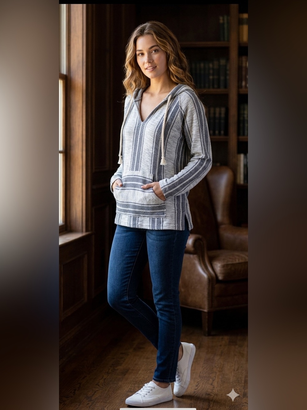 Ocean Drive Clothing Co Womens Gray Navy Striped Baja‎ Hoodie Pullover Small